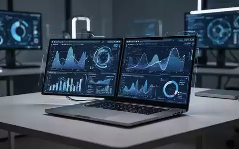 Ein modernes Laptop mit zwei Bildschirmen auf einem Schreibtisch, zeigt Datenvisualisierungen. Fokus auf Technologie und Produktivität. - Foto: über boerse-global.de