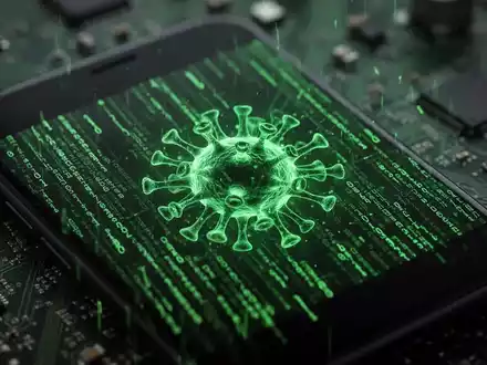 Ein Smartphone-Bildschirm zeigt grünen, digitalen Code oder ein Virus-Symbol, mit unscharfen Schaltkreisen im Hintergrund. - Foto: über boerse-global.de
