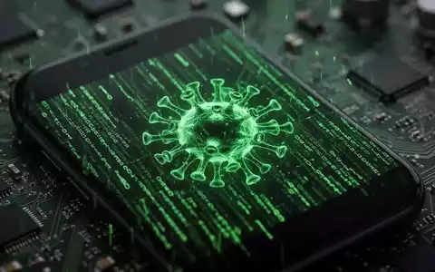 Ein Smartphone-Bildschirm zeigt grünen, digitalen Code oder ein Virus-Symbol, mit unscharfen Schaltkreisen im Hintergrund. - Foto: über boerse-global.de