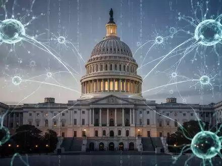 Digitale Kunst: US-Kapitol mit abstrakten KI-Neuronalnetz-Elementen, symbolisiert Regierungseinfluss auf KI. - Foto: über boerse-global.de