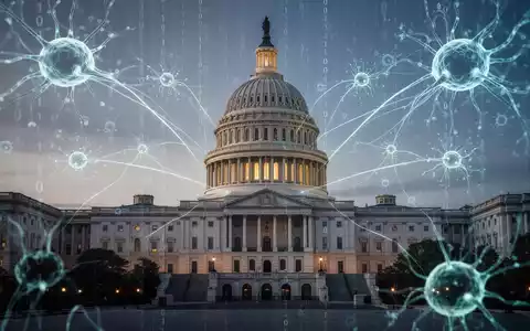Digitale Kunst: US-Kapitol mit abstrakten KI-Neuronalnetz-Elementen, symbolisiert Regierungseinfluss auf KI. - Foto: über boerse-global.de