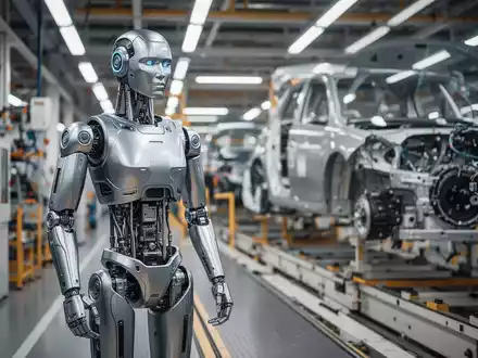 Schlanker, moderner humanoider Roboter mit metallischer Oberfläche in heller Autofabrik nahe Fließband. - Foto: über boerse-global.de
