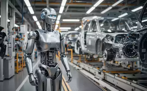 Schlanker, moderner humanoider Roboter mit metallischer Oberfläche in heller Autofabrik nahe Fließband. - Foto: über boerse-global.de