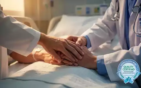 Eine Nahaufnahme der HĂ€nde eines Arztes, die beruhigend die Hand eines Patienten auf einem Krankenhausbett halten. - Foto: ĂŒber boerse-global.de