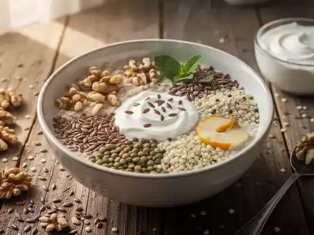 Eine Frühstücksschale mit proteinreichen Alternativen zu Haferflocken, darunter Nüsse, Samen und Hülsenfrüchte, auf einem Holztisch. - Foto: über boerse-global.de