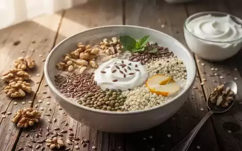 Eine Frühstücksschale mit proteinreichen Alternativen zu Haferflocken, darunter Nüsse, Samen und Hülsenfrüchte, auf einem Holztisch. - Foto: über boerse-global.de