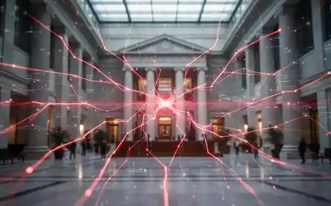 Abstrakte Darstellung einer digitalen Netzwerkstörung mit roten Linien über einem Gerichtssaal, symbolisiert technische Störung in der Justiz. - Foto: über boerse-global.de