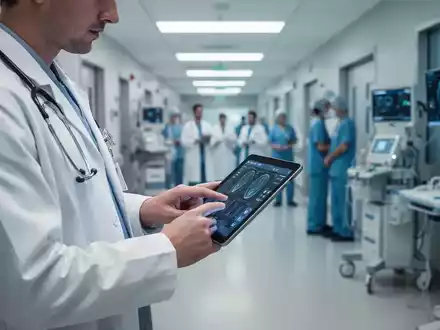 Eine Ärztin verwendet ein Tablet in einem modernen Krankenhausflur, der Digitalisierung im Gesundheitswesen darstellt. - Foto: über boerse-global.de