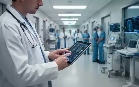 Eine Ärztin verwendet ein Tablet in einem modernen Krankenhausflur, der Digitalisierung im Gesundheitswesen darstellt. - Foto: über boerse-global.de