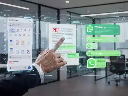 Eine Hand interagiert mit einer holografischen Oberfläche, die PDF-Bearbeitungswerkzeuge und WhatsApp-Chatblasen über einem modernen Bürohintergrund zeigt. - Foto: über boerse-global.de