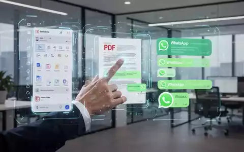 Eine Hand interagiert mit einer holografischen Oberfläche, die PDF-Bearbeitungswerkzeuge und WhatsApp-Chatblasen über einem modernen Bürohintergrund zeigt. - Foto: über boerse-global.de