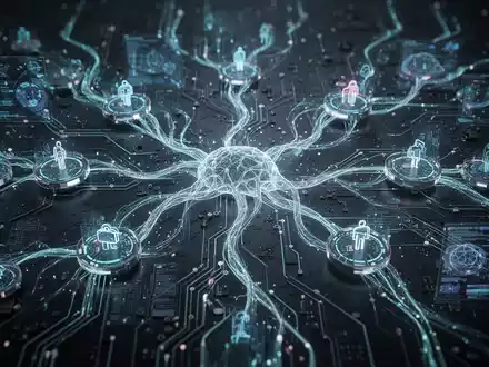 Stilisierte, leuchtende neuronale Netzstruktur, die KI-Workflows in Unternehmenssoftware darstellt, mit Datenströmen zwischen Knoten. - Foto: über boerse-global.de