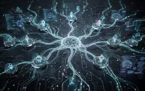Stilisierte, leuchtende neuronale Netzstruktur, die KI-Workflows in Unternehmenssoftware darstellt, mit Datenströmen zwischen Knoten. - Foto: über boerse-global.de