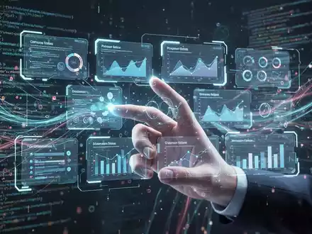 Eine futuristische Hand interagiert mit einer holografischen Oberfläche, die Präsentationsfolien und Datenvisualisierungen zeigt und KI in Präsentationen symbolisiert. - Foto: über boerse-global.de