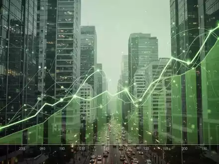 Ein stilisiertes Diagramm zeigt einen Abwärtstrend, überlagert mit digitalen Linien, die Datenfluss und Compliance darstellen, vor einem Finanzviertel. - Foto: über boerse-global.de