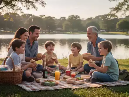 Eine Familie picknickt in einem Park, symbolisierend Sparmaßnahmen und alternative Urlaubsgestaltung angesichts der Inflation. - Foto: über boerse-global.de