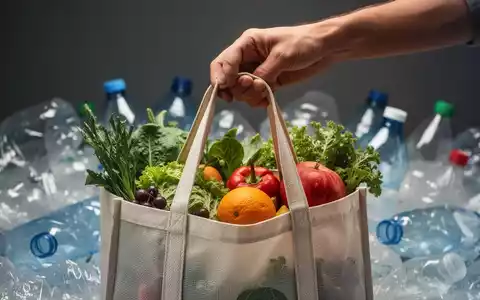 Eine Hand greift in eine wiederverwendbare Einkaufstasche mit frischen Produkten, im Hintergrund verschwommener Plastikmüll. - Foto: über boerse-global.de