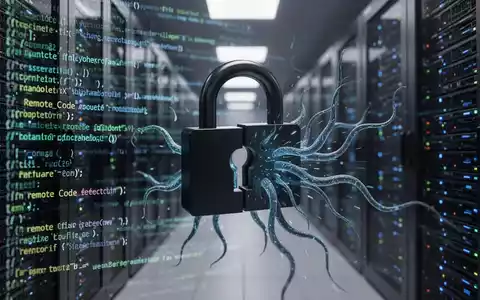 Ein stilisiertes, dunkles digitales Vorhängeschloss vor einem verschwommenen Hintergrund aus leuchtenden Codezeilen und Server-Racks, das eine kritische SharePoint-Sicherheitslücke symbolisiert. - Foto: über boerse-global.de