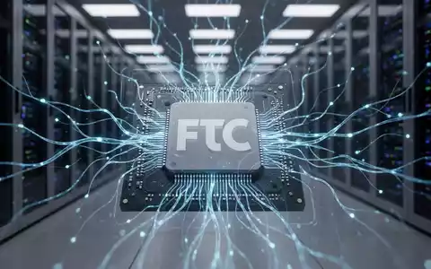 Mikrochip mit blauen KI-Neuronalnetzlinien und dezentem FTC-Logo vor verschwommenem Rechenzentrum, symbolisiert regulatorische Kontrolle von KI und Cloud-Computing. - Foto: über boerse-global.de