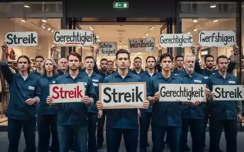 Einzelhandelsangestellte halten Protestschilder vor einem modernen Ladeneingang, um auf die Warnstreiks im Einzelhandel hinzuweisen. - Foto: über boerse-global.de