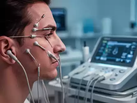Nahaufnahme von Elektroden an Stirn und Ohrläppchen einer Person, verbunden mit einem medizinischen Diagnosegerät in einem Labor. - Foto: über boerse-global.de