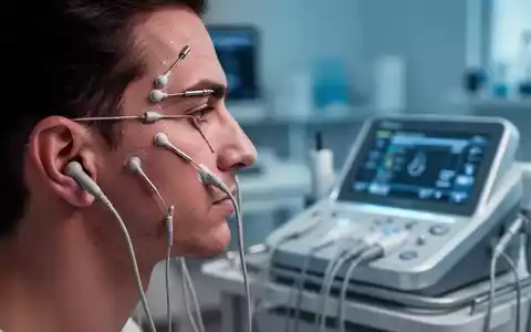 Nahaufnahme von Elektroden an Stirn und Ohrläppchen einer Person, verbunden mit einem medizinischen Diagnosegerät in einem Labor. - Foto: über boerse-global.de