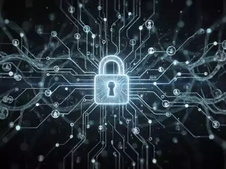 Abstrakte digitale Darstellung von vernetzten Knoten, leuchtenden Schaltkreisen und einem dezenten Schloss-Symbol für KI und Cybersicherheit. - Foto: über boerse-global.de