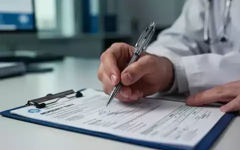 Eine Hand hält einen Stift über ein ärztliches Attest oder Rezeptblock, symbolisiert neue Regeln für Krankschreibungen. - Foto: über boerse-global.de
