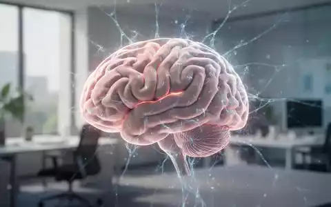 Ein stilisiertes, sanft leuchtendes menschliches Gehirn mit vernetzten neuronalen Pfaden vor einem ruhigen Bürohintergrund. - Foto: über boerse-global.de