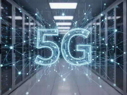 Leuchtend blaue digitale Zwillinge eines 5G-Netzwerks mit Datenströmen und Knoten, über verschwommenem Rechenzentrum-Hintergrund. - Foto: über boerse-global.de
