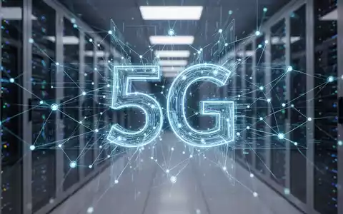 Leuchtend blaue digitale Zwillinge eines 5G-Netzwerks mit Datenströmen und Knoten, über verschwommenem Rechenzentrum-Hintergrund. - Foto: über boerse-global.de
