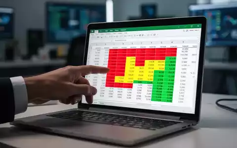 Eine Hand zeigt auf einen Laptop-Bildschirm mit einer Excel-Tabelle, die bedingte Formatierung mit roten, gelben und grünen Zellen verwendet. - Foto: über boerse-global.de