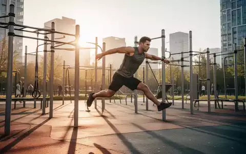 Ein moderner Calisthenics-Park im Freien mit verschiedenen Trainingsgeräten und einem Athleten in Aktion. - Foto: über boerse-global.de