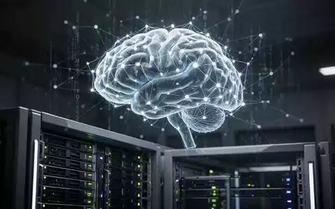 Leuchtendes, komplexes neuronales Netz-Gehirn über digitalem Code, futuristischer Server-Rack im Vordergrund, symbolisiert KI und Recheninfrastruktur. - Foto: über boerse-global.de