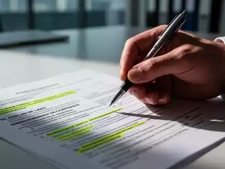 Eine Hand hält einen Stift über einem Arbeitsvertrag mit hervorgehobenen Abschnitten, der Kündigungsschutz und Abfindungen symbolisiert. - Foto: über boerse-global.de