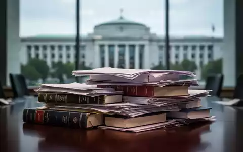 Ein Stapel von Regierungsdokumenten oder Gesetzesbüchern auf einem Konferenztisch mit einem verschwommenen Regierungsgebäude im Hintergrund. - Foto: über boerse-global.de