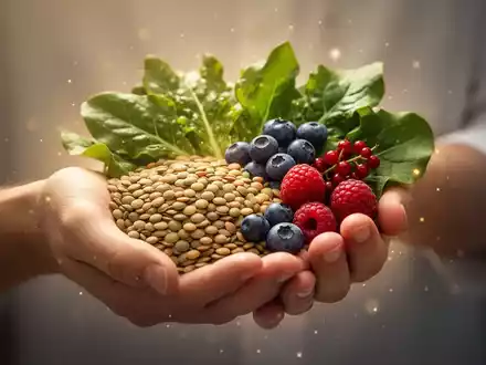 Eine Hand hält sanft eine Auswahl nährstoffreicher Lebensmittel wie Linsen, frische Beeren und grünes Blattgemüse. - Foto: über boerse-global.de