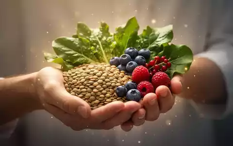 Eine Hand hält sanft eine Auswahl nährstoffreicher Lebensmittel wie Linsen, frische Beeren und grünes Blattgemüse. - Foto: über boerse-global.de