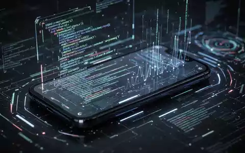 Nahaufnahme eines futuristischen Smartphone-Bildschirms mit abstrakten Daten und Code, die Software-Updates und Entwicklung symbolisieren. - Foto: über boerse-global.de