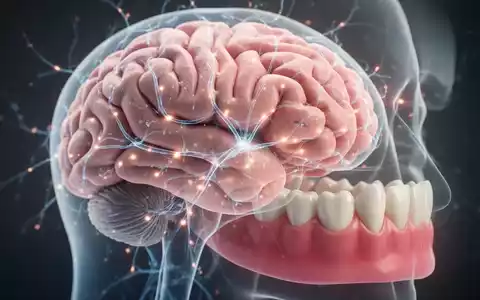 Ein menschliches Gehirn mit leuchtenden Neuronen, überlagert von gesunden Zähnen, die die Verbindung zwischen Mundgesundheit und Demenzrisiko darstellen. - Foto: über boerse-global.de