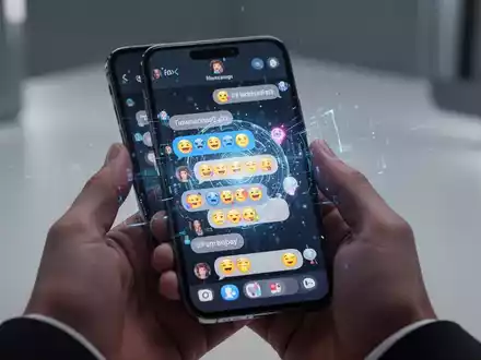 Nahaufnahme eines iPhone-Bildschirms mit einer Messaging-App, Chatblasen und Reaktionen, in Händen gehalten, mit KI-Integration. - Foto: über boerse-global.de