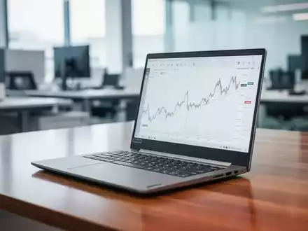 Ein schlankes, modernes Lenovo V15 G5 Business-Notebook ist auf einem Schreibtisch in einem Büro geöffnet. - Foto: über boerse-global.de