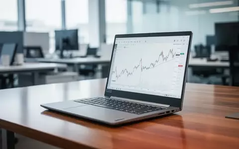 Ein schlankes, modernes Lenovo V15 G5 Business-Notebook ist auf einem Schreibtisch in einem Büro geöffnet. - Foto: über boerse-global.de