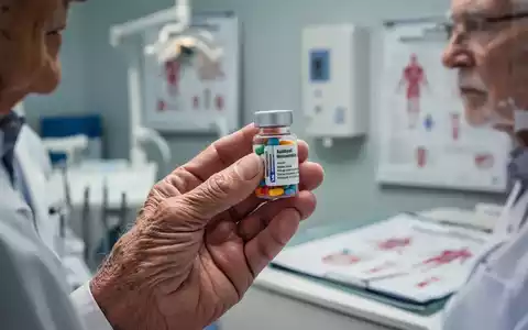 Eine ältere Hand hält eine Pille, im Hintergrund verschwommen eine Zahnarztpraxis und medizinische Unterlagen. - Foto: über boerse-global.de