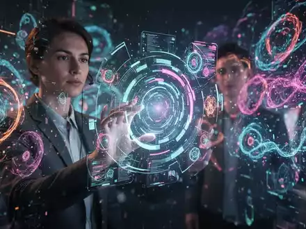 Person interagiert mit holografischer Schnittstelle, zeigt abstrakte digitale Muster, symbolisiert KI-Unterhaltung. - Foto: über boerse-global.de