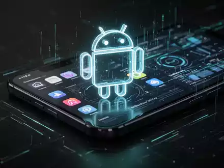 Stilisierte Android-Roboter-Ikone leuchtet über Smartphone-Bildschirm mit App-Symbolen und Daten, symbolisiert neue Software-Features und Entwicklung. - Foto: über boerse-global.de