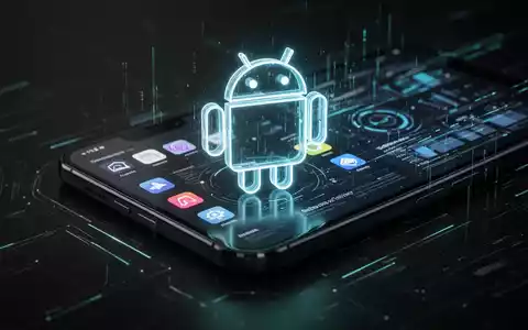 Stilisierte Android-Roboter-Ikone leuchtet über Smartphone-Bildschirm mit App-Symbolen und Daten, symbolisiert neue Software-Features und Entwicklung. - Foto: über boerse-global.de