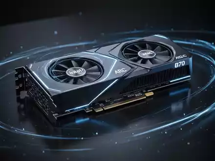 Intel Arc Pro B70 Grafikkarte mit blauen Lichtakzenten auf dunkler, reflektierender Oberfläche, Symbol für fortschrittliche Technologie. - Foto: über boerse-global.de