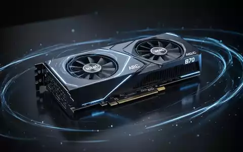 Intel Arc Pro B70 Grafikkarte mit blauen Lichtakzenten auf dunkler, reflektierender Oberfläche, Symbol für fortschrittliche Technologie. - Foto: über boerse-global.de