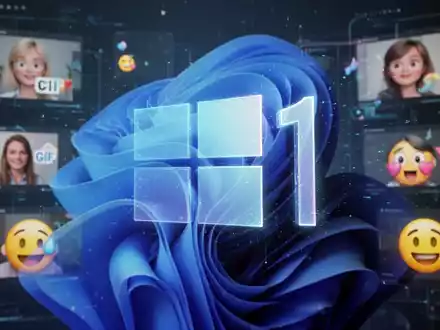 Holografisches Windows 11-Logo mit animierten GIFs und Emojis im Hintergrund, die einen technischen Übergang im Emoji-Panel darstellen. - Foto: über boerse-global.de